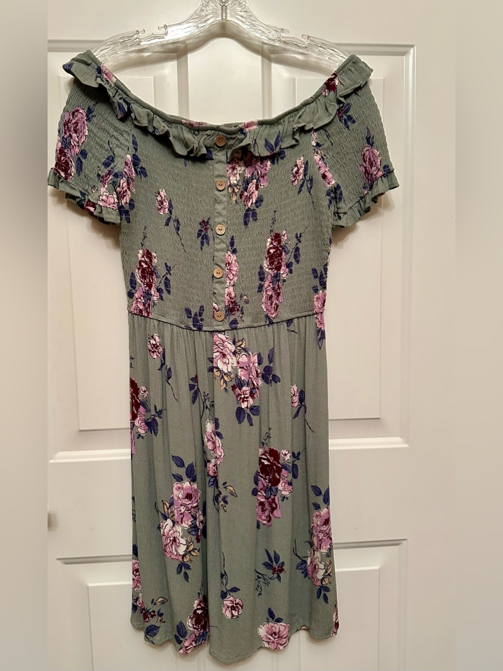 Floral Dress Sage Green Smocked Bodice Ruffle Neckline NWT Size M